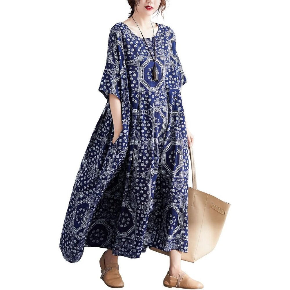 Women Plus Size Summer Dress Boho Vintage Print O Neck Side Pockets